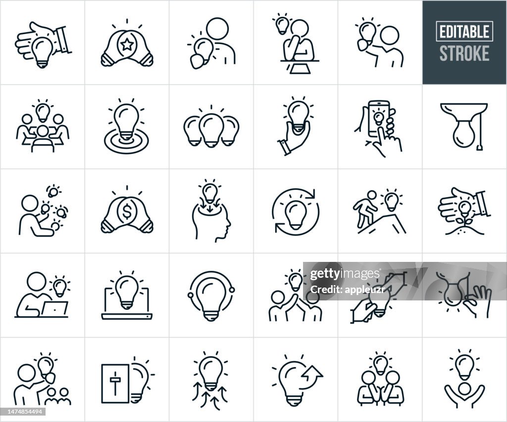 Lightbulbs, Creativity And Inspiration Thin Line Icons - Editable Stroke