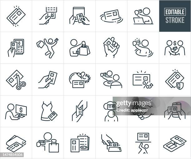 credit card spending and debt thin line icons - editable stroke - credit card reader stock illustrations