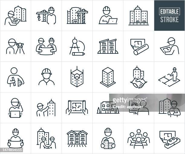 dünne liniensymbole für gebäudearchitektur und -technik - editierbarer strich - building activity stock-grafiken, -clipart, -cartoons und -symbole