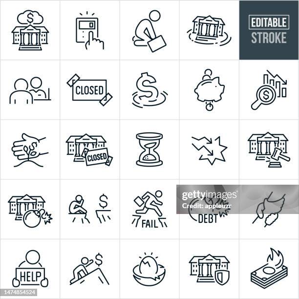 stockillustraties, clipart, cartoons en iconen met bank failure and collapse thin line icons - editable stroke - bordje-met-openingstijden