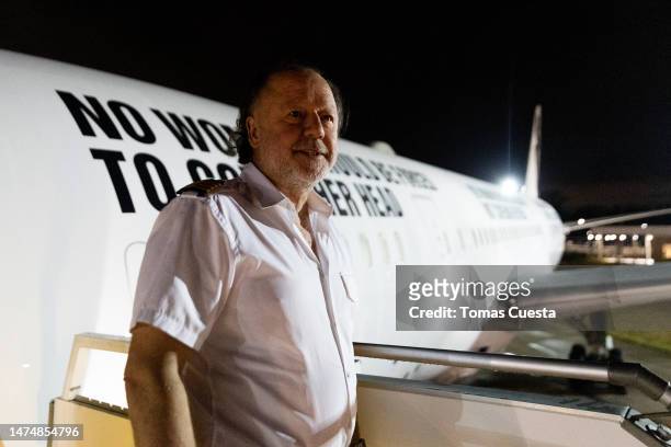 Argentine-Italian businessman and pilot Enrique Piñeyro stands next to his aircraft after a flight by NGO Solidaire along the limit of the Argentine...