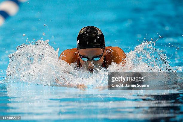 Rebecca Soni competes in the Championship final of the Women's 200 m Breaststroke during Day Six of the 2012 U.S. Olympic Swimming Team Trials at...