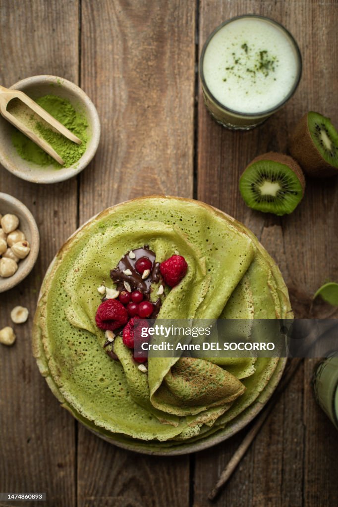 Green matcha tea pancakes with chocolate raspberries and hazelnuts