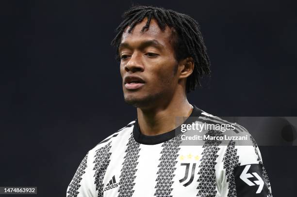 Juan Cuadrado of Juventus FC looks on during the Serie A match between FC Internazionale and Juventus FC at Stadio Giuseppe Meazza on March 19, 2023...