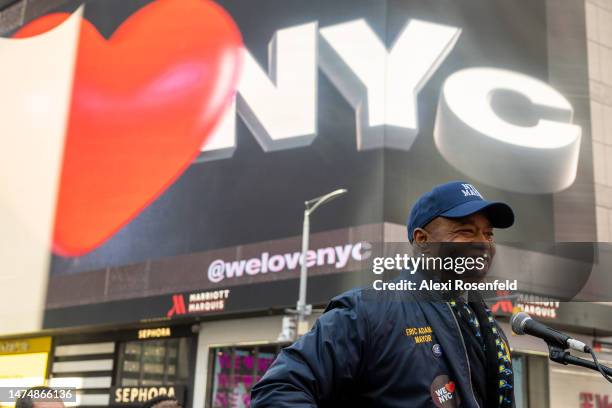 New York City Mayor Eric Adams speaks at the campaign launch event for 'We Love NYC' in Times Square on March 20, 2023 in New York City. The new...