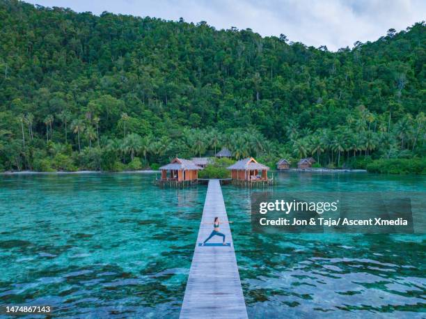 aerial view of young woman performing yoga on boardwalk - yoga mat stock pictures, royalty-free photos & images