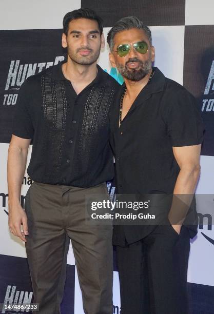 Ahan Shetty and Suniel Shetty attend the Amazon MiniTV's movie 'Hunter-Tootega Nahi Todegaon' screening March 20, 2023 in Mumbai, India