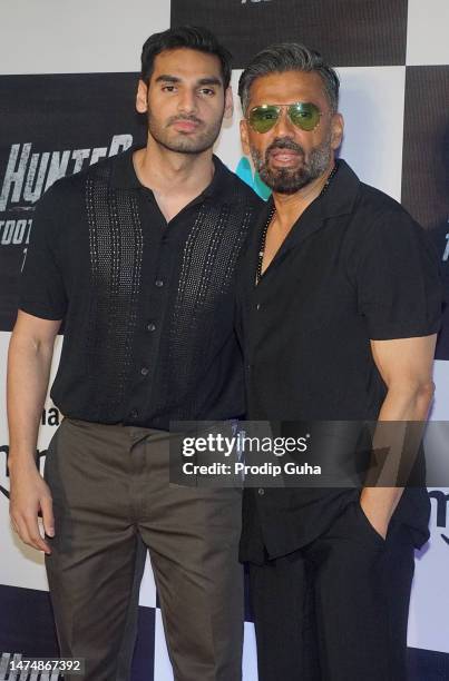 Ahan Shetty and Suniel Shetty attend the Amazon MiniTV's movie 'Hunter-Tootega Nahi Todegaon' screening March 20, 2023 in Mumbai, India