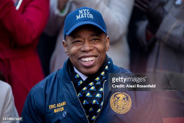 New York City Mayor Eric Adams attends the campaign launch event for 'We Love NYC' in Times Square on March 20, 2023 in New York City. The new...