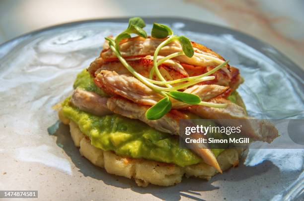 arepa de maíz con pollo a la parrilla & crema
de aguacate [corn arepa with grilled chicken and avocado cream] - aguacate imagens e fotografias de stock