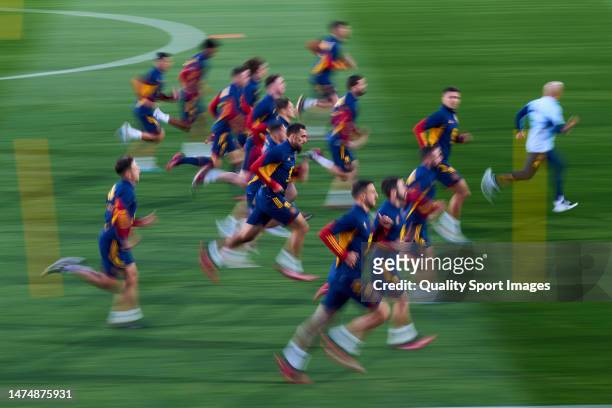 Players of Spain running during Spain training session at Ciudad del Futbol on March 20, 2023 in Las Rozas de Madrid, Spain.