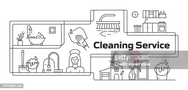 cleaning service modern line banner with icons. cleaner , bucket , wipe , cleaning supplies , washing , rubber glove - cleaning equipment stock illustrations