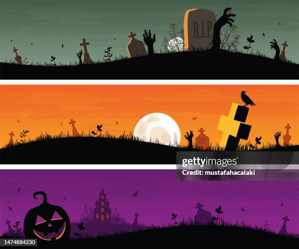 horizontal halloween banners - graveyard silhouette stock illustrations