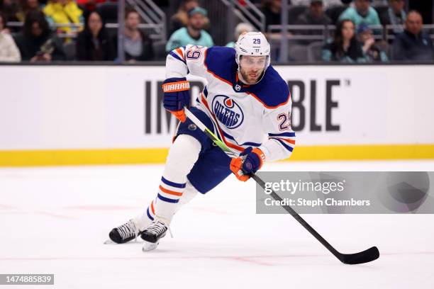 Leon Draisaitl of the Edmonton Oilers skates against the Seattle Kraken during the first period at Climate Pledge Arena on March 18, 2023 in Seattle,...