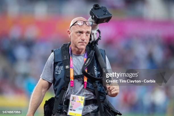 World-renowned sports photographer Al Bello of Getty Images during the Athletics competition at Alexander Stadium during the Birmingham 2022...