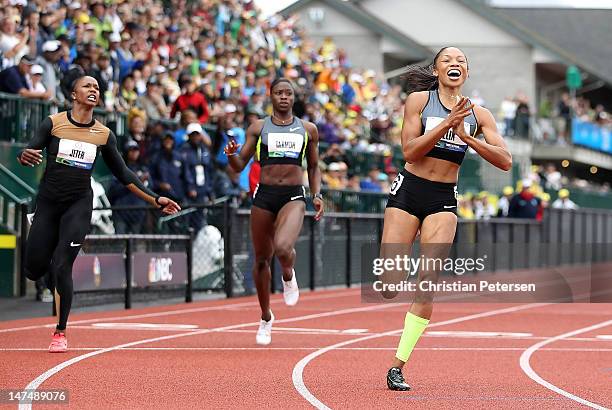 Allyson Felix celebrates after winning the Women's 200 Meter Dash Final ahead of Carmelita Jeter and Jeneba Tarmoh on day nine of the U.S. Olympic...