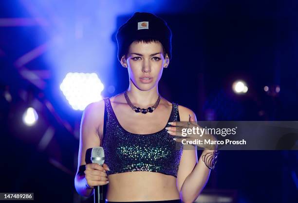 German singer Alina Sueggeler of Frida Gold performs live on stage at the MDR JUMP Arena on June 30, 2012 in Freiberg, Germany.