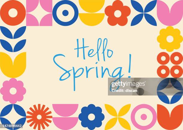 spring background with modern geometric flower frame. retro scandinavian style. - spring banner stock illustrations