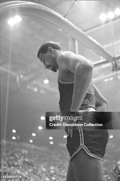 Philadelphia 76ers center Wilt Chamberlain during a game against the Chicago Bulls at the International Amphitheatre on March 1, 1967 in Chicago,...