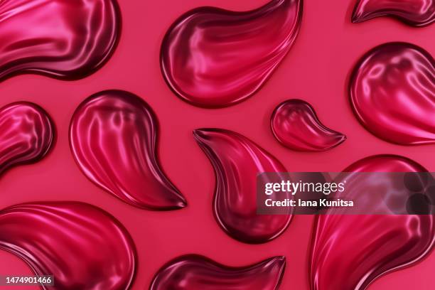 red, pink, viva magenta liquid drops, lipstick smears. 3d pattern. cosmetic products for makeup and skin care. color of the year 2023. - pink lipstick smear stock pictures, royalty-free photos & images