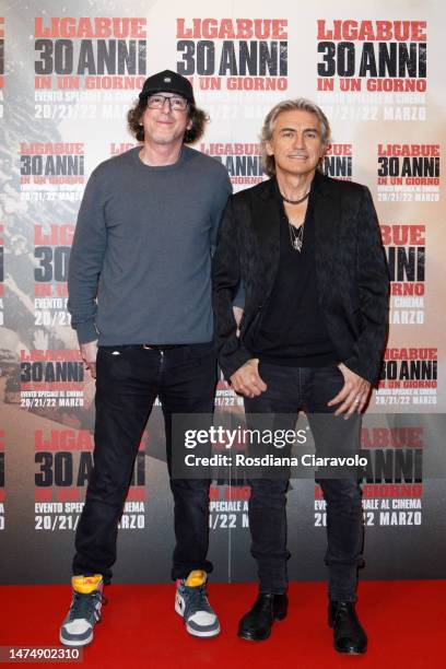 Marco Salom and Luciano Ligabue attend the photocall for "Ligabue: 30 Anni In Un Giorno" on March 20, 2023 in Milan, Italy.