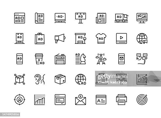 werbung thin line icon set serie - brandmarken stock-grafiken, -clipart, -cartoons und -symbole