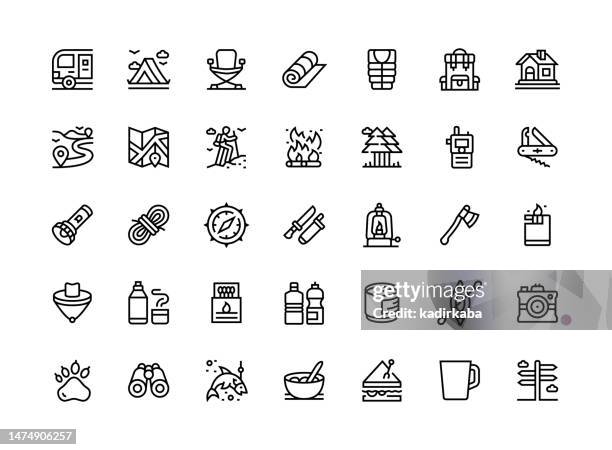 camping thin line icon set series - wilderness camping stock illustrations