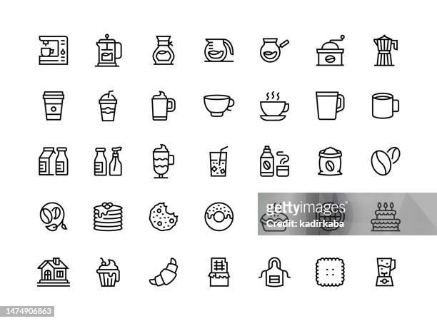 coffee and tea thin line icon set series - breaking croissant stock illustrations