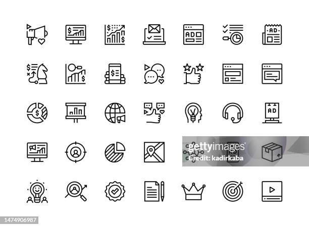 bildbanksillustrationer, clip art samt tecknat material och ikoner med content marketing thin line icon set series - skapelsen