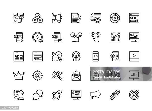 digital marketing thin line icon set series - checking laptop stock illustrations
