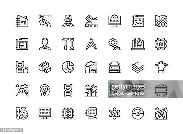 ilustraciones, imágenes clip art, dibujos animados e iconos de stock de serie de conjuntos de iconos de línea delgada de ingeniería - mechatronics