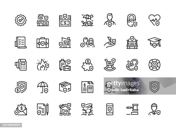 insurance thin line icon set series - flight delay stock illustrations