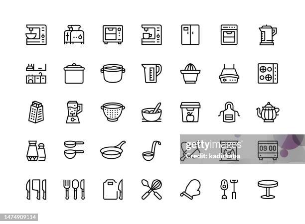 küchenwerkzeuge dünne linie icon set serie - kochwettbewerb stock-grafiken, -clipart, -cartoons und -symbole