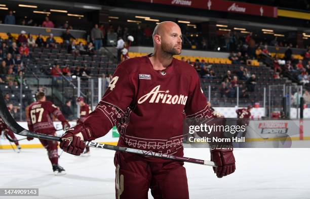 Zack Kassian of the Arizona Coyotes prepares for a game against the Chicago Blackhawks at Mullett Arena on March 18, 2023 in Tempe, Arizona.