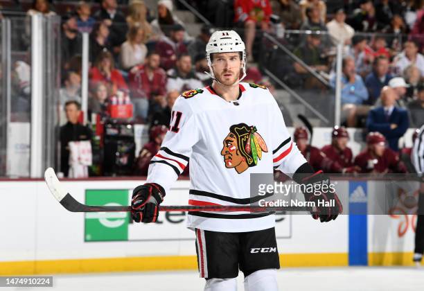 Taylor Raddysh of the Chicago Blackhawks skates up ice against the Arizona Coyotes at Mullett Arena on March 18, 2023 in Tempe, Arizona.