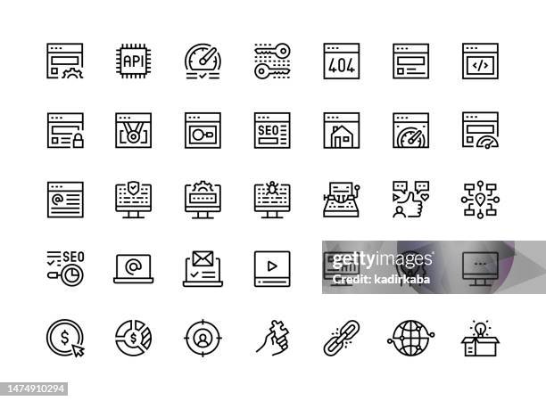 search engine optimization thin line icon set series - engine wireframe stock illustrations