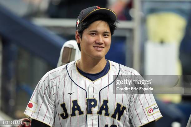 Shohei Ohtani of Team Japan looks on prior to the start of the World Baseball Classic Semifinals against Team Mexico at loanDepot park on March 20,...