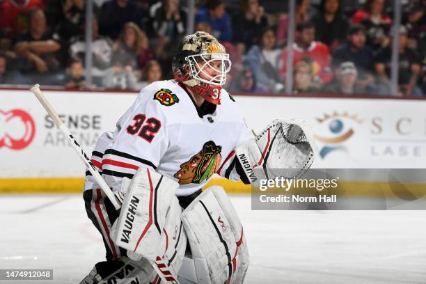 Alex Stalock of the Chicago Blackhawks gets ready to make a save against the Arizona Coyotes at Mullett Arena on March 18, 2023 in Tempe, Arizona.