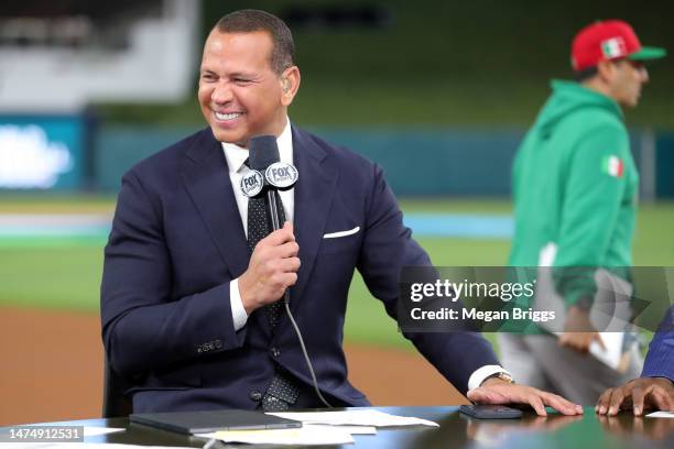 Alex Rodriguez speaks prior to the World Baseball Classic Semifinals between Team Japan and Team Mexico at loanDepot park on March 20, 2023 in Miami,...