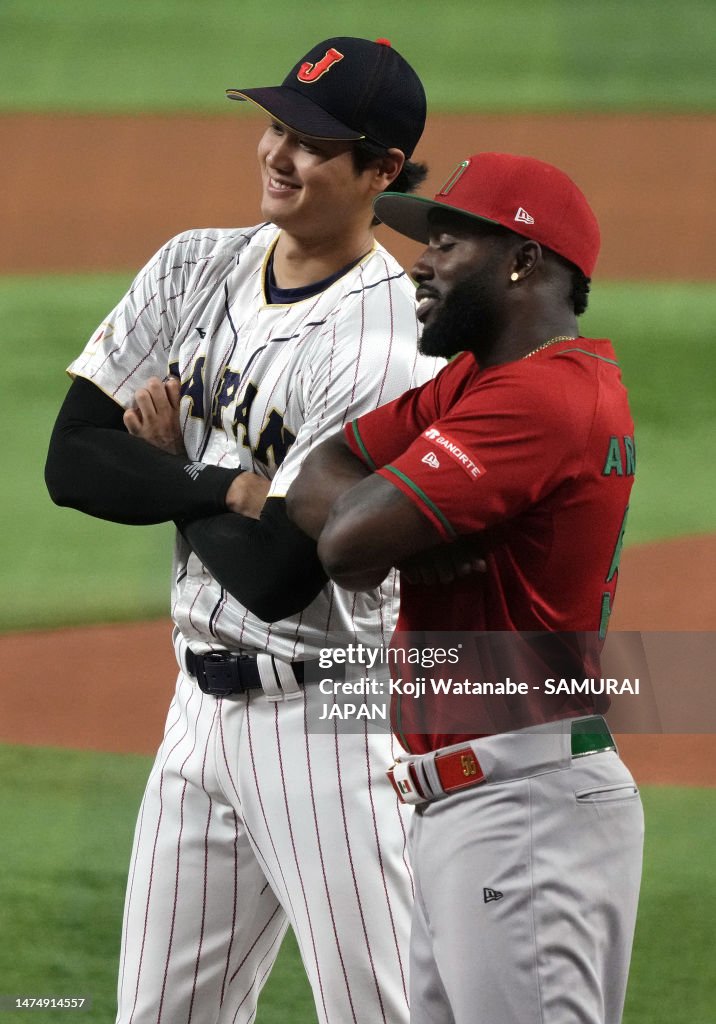 Mexico Randy Baseball Shohei Ohtani of Team Japan and Randy Arozarena of Team Mexico greet ...