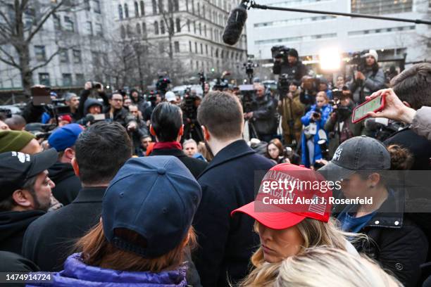 Supporters of former President Donald Trump protest near the office of Manhattan District Attorney Alvin Brag and the New York County Criminal Court...