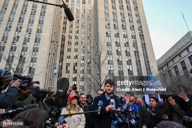 Gavin M. Wax, president of the New York Young Republican Club, speaks near the office of Manhattan District Attorney Alvin Brag and the New York...
