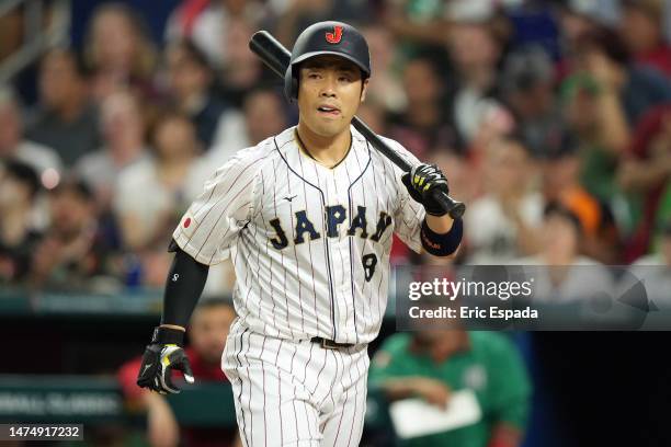 Kensuke Kondoh of Team Japan reacts in the first inning against Team Mexico during the World Baseball Classic Semifinals at loanDepot park on March...