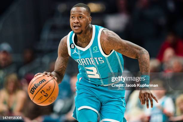 Terry Rozier of the Charlotte Hornets brings the ball up court in the first quarter during their game against the Indiana Pacers at Spectrum Center...