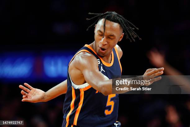 Immanuel Quickley of the New York Knicks reacts after scoring during the first half against the Minnesota Timberwolves at Madison Square Garden on...