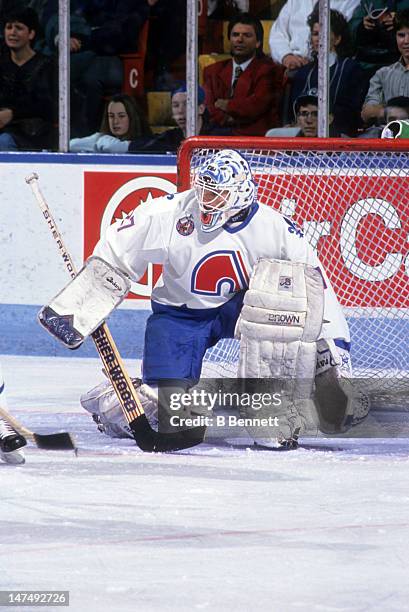 Goalie Ron Hextall of the Quebec Nordiques defends the net during an NHL game circa 1993 at the Quebec Coliseum in Quebec City, Quebec, Canada.