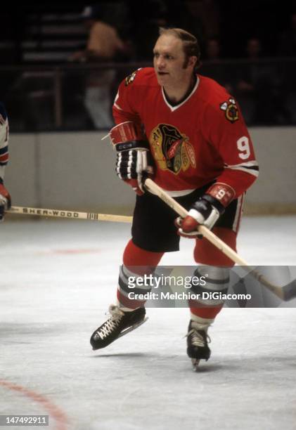 Bobby Hull of the Chicago Blackhawks skates on the ice during an NHL game against the New York Rangers circa 1972 at the Madison Square Garden in New...