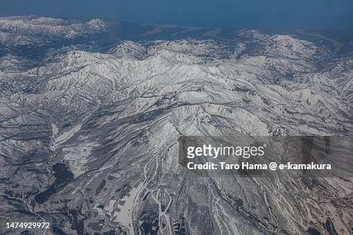 Snowcapped Mt. Myoko in Niigata of Japan aerial view from airplane