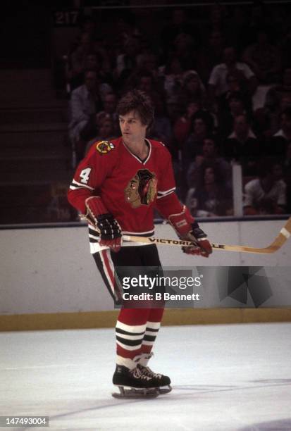 Bobby Orr of the Chicago Blackhawks skates on the ice during an NHL game against the New York Islanders on October 9, 1976 at the Nassau Coliseum in...