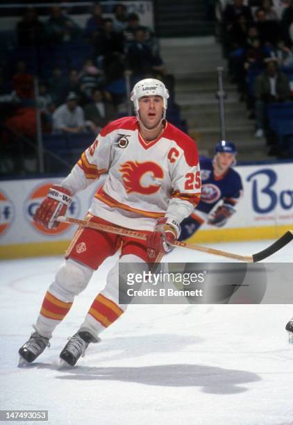 Joe Nieuwendyk of the Calgary Flames skates on the ice during an NHL game against the New York Islanders on February 2, 1992 at the Nassau Coliseum...